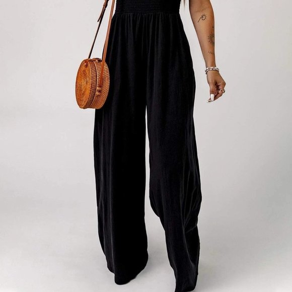 Black Casual Womens Solid Slant Pocket Cami Wide Leg Jumpsuit - Picture 4 of 5